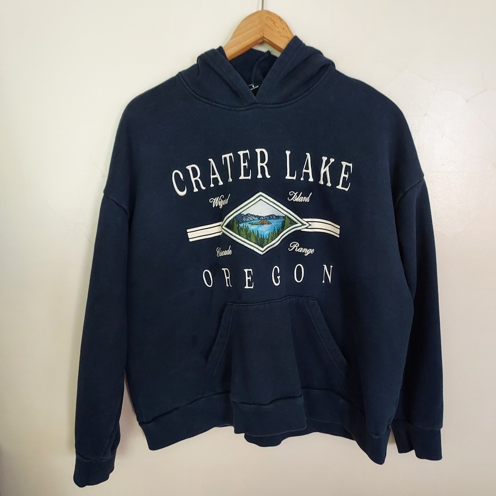 PacSun Crater Lake Oregon Graphic Hoodie Navy Blue Small Wizard Island PNW